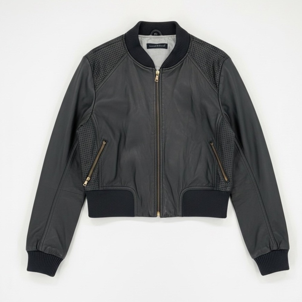 Knoles & Carter Italian Lambskin Leather Bomber Jacket Black Moto Size Large
